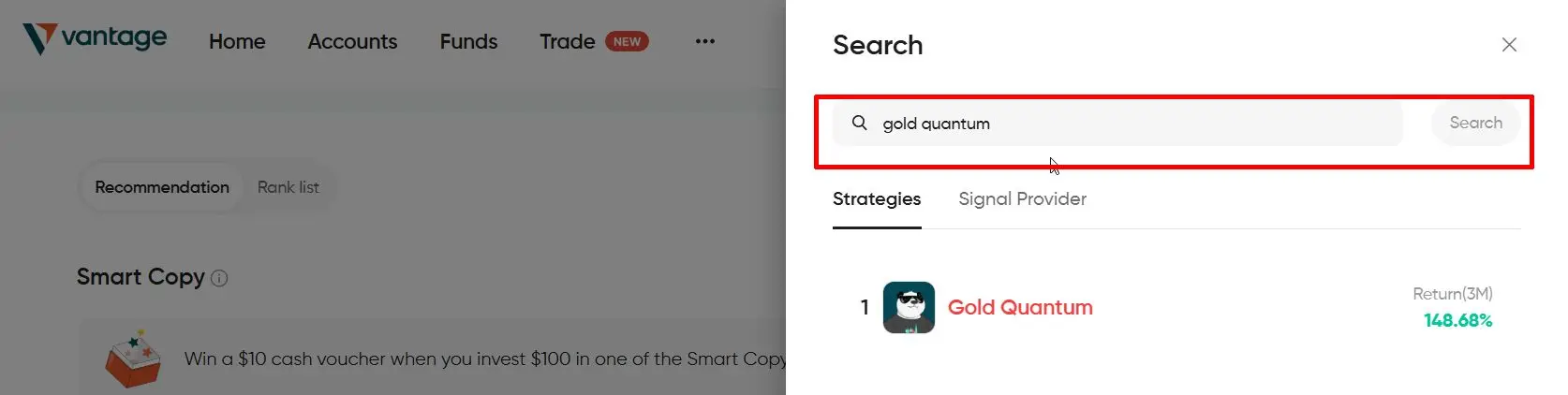 Vantage Markets Copytrading setup - Step 3 Search Strategy